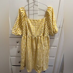 NWOT SHEIN Curve 2XL Yellow/White Gingham Babydoll Puff Sleeve Dress